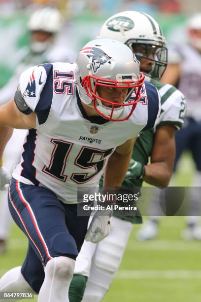 Wide Receiver Chris Hogan of the New England Patriots in action against the New York Jets during their game at MetLife Stadium on October 15, 2017 in...