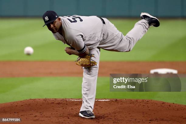 Sabathia of the New York Yankees throws a pitch against the Houston Astros during the first inning in Game Seven of the American League Championship...