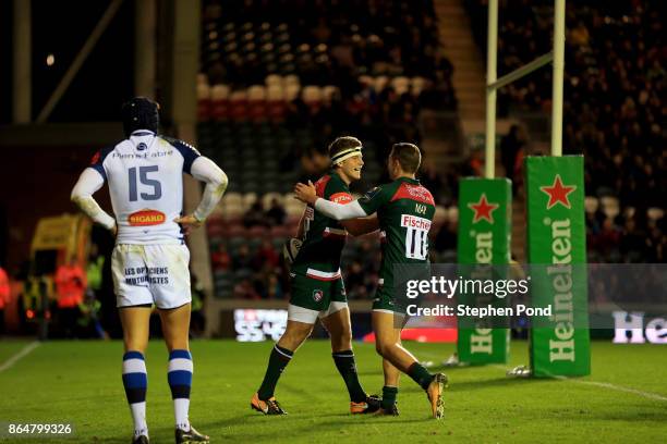 Nick Malouf of Leicester Tigers celebrates a try during the European Rugby Champions Cup match between Leicester Tigers and Castres Olympique at...