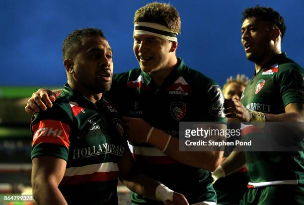 Telusa Veainu of Leicester Tigers celebrates scoring a try during the European Rugby Champions Cup match between Leicester Tigers and Castres...
