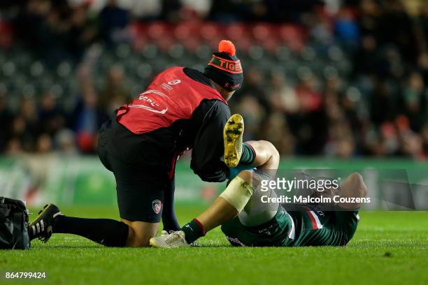 Gareth Owen of Leicester Tigers receives treatment for an injury during the European Rugby Champions Cup match between Leicester Tigers and Castres...