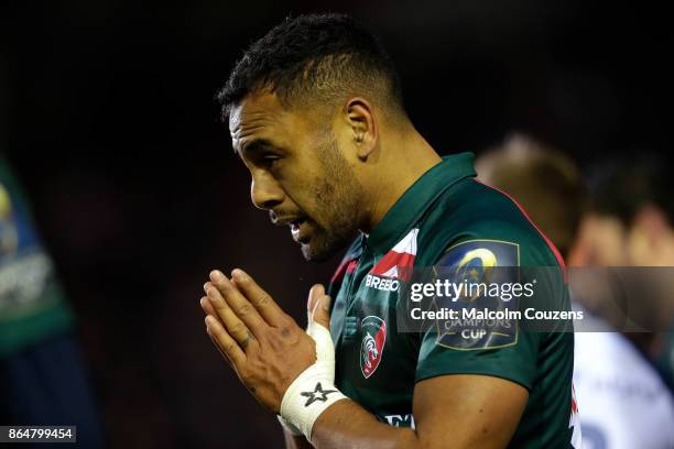 Telusa Veainu of Leicester Tigers reacts during the European Rugby Champions Cup match between Leicester Tigers and Castres Olympique at Welford Road...