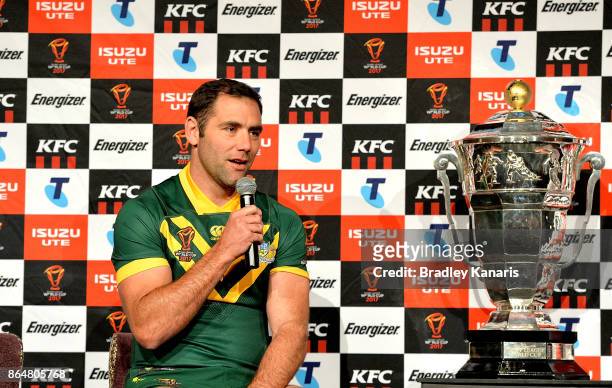 Cameron Smith speaks during a Rugby League World Cup media opportunity at Sofitel Brisbane on October 22, 2017 in Brisbane, Australia.