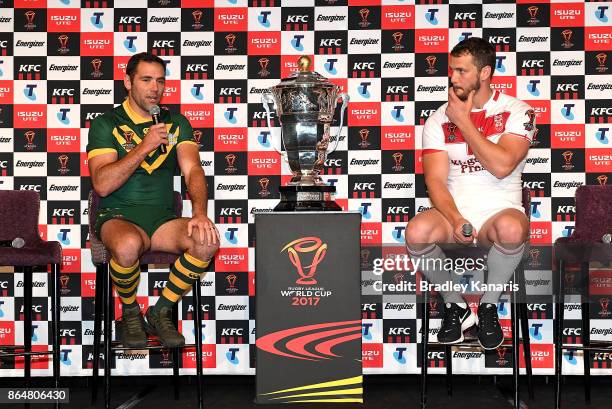 Cameron Smith of Australia and Sean O'Loughlin of England speak to the media during a Rugby League World Cup media opportunity at Sofitel Brisbane on...