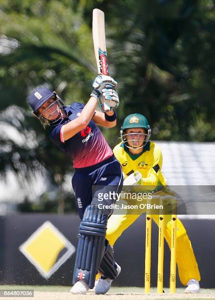 England's Lauren Winfield plays a shot during the Women's One Day International between Australia and England at Allan Border Field on October 22,...
