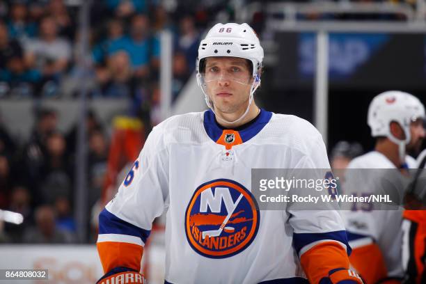 Nikolay Kulemin of the New York Islanders looks on during the game against the San Jose Sharks at SAP Center on October 14, 2017 in San Jose,...