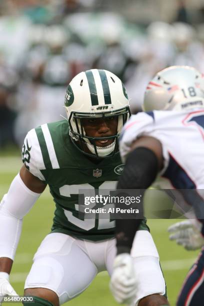 Cornerback Juston Burris of the New York Jets in action against the New England Patriots during their game at MetLife Stadium on October 15, 2017 in...