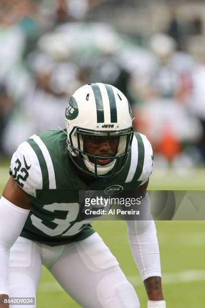 Cornerback Juston Burris of the New York Jets in action against the New England Patriots during their game at MetLife Stadium on October 15, 2017 in...