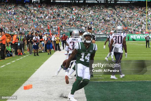 Wide Receiver Jeremy Kerley of the New York Jets makes a difficult catch in action against the New England Patriots during their game at MetLife...