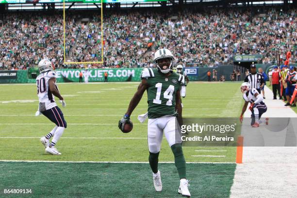 Wide Receiver Jeremy Kerley of the New York Jets scores a Touchdown in action against the New England Patriots during their game at MetLife Stadium...