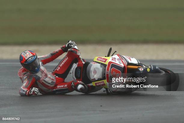 Jorge Navarro of Spain and riding the Federal Oil Gresini Moto2 Kalex crashes during the warm up session during the 2017 MotoGP of Australia at...