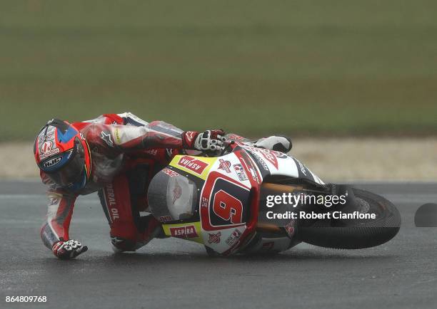 Jorge Navarro of Spain and riding the Federal Oil Gresini Moto2 Kalex crashes during the warm up session during the 2017 MotoGP of Australia at...