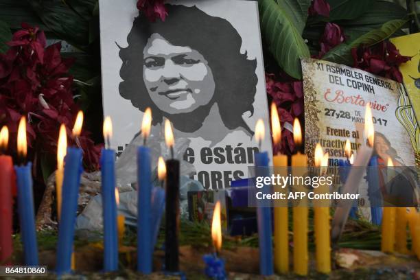 Lenca indigenous people take part in a ceremony demanding justice for the 2016 murder of activist Berta Caceres in the Rio Blanco mountain, 150 km...