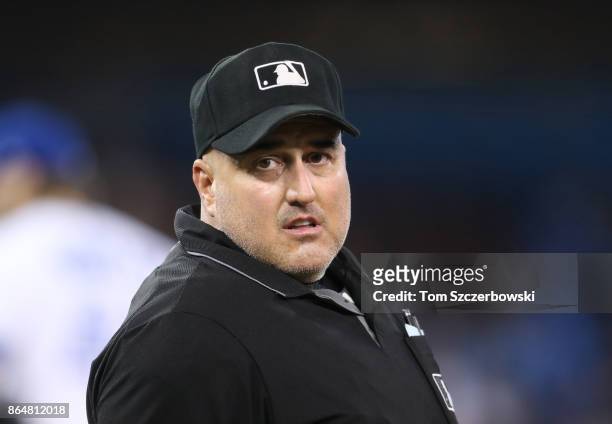 Home plate umpire Eric Cooper during the Toronto Blue Jays MLB game against the Tampa Bay Rays at Rogers Centre on August 17, 2017 in Toronto, Canada.