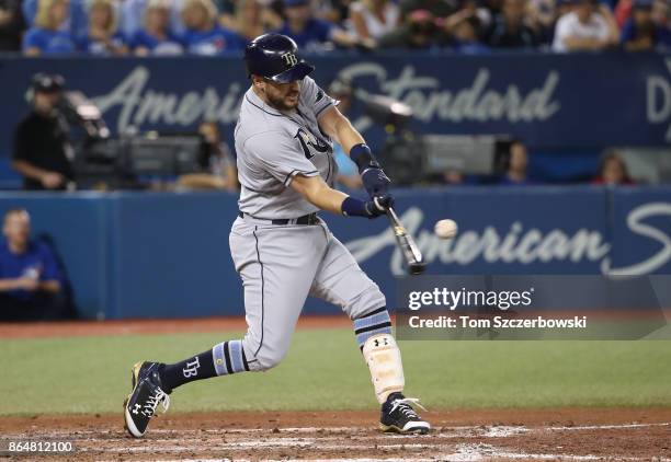 Trevor Plouffe of the Tampa Bay Rays pops out with the bases loaded in the sixth inning during MLB game action against the Toronto Blue Jays at...