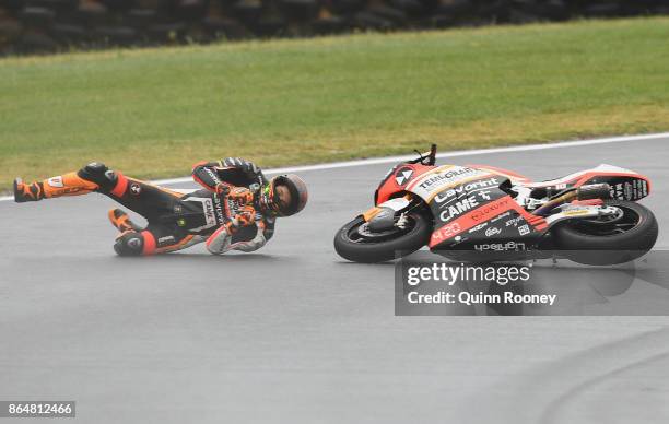 Luca Marini of Italy and the Forward Racing Team crashes during warm up of the Moto2 during the 2017 MotoGP of Australia at Phillip Island Grand Prix...