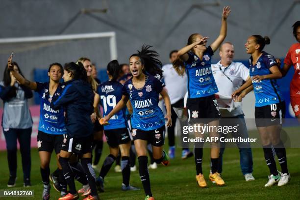 Brazil's Audex/Corinthians footballers celebrate their goal over Chile's Colo Colo during the Women Copa Libertadores final match at Arcenio Erico...