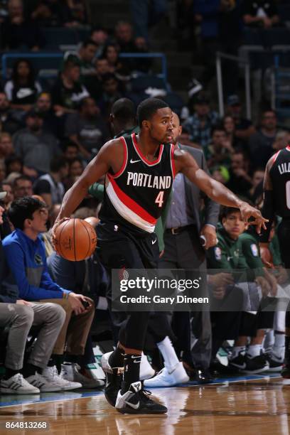 Milwaukee, WI Maurice Harkless of the Portland Trail Blazers handles the ball against the Milwaukee Bucks on October 21, 2017 at the BMO Harris...