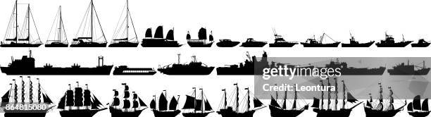 ilustraciones, imágenes clip art, dibujos animados e iconos de stock de barco siluetas muy detalladas - barco pesquero