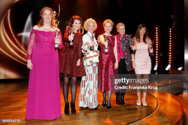 Winners Anja Gehlken, Ninon Demuth, Bettina Landgrafe, Julia Cissewski, Barbara Staecker and Sylvia Hoss attend the 'Goldene Bild der Frau' award at...