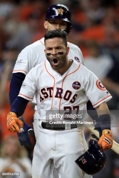 Jose Altuve of the Houston Astros celebrates after hitting a solo home run against Tommy Kahnle of the New York Yankees during the fifth inning in...