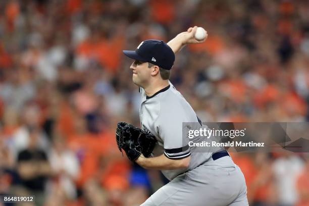 Adam Warren of the New York Yankees throws a pitch against the Houston Astros during the fifth inning in Game Seven of the American League...