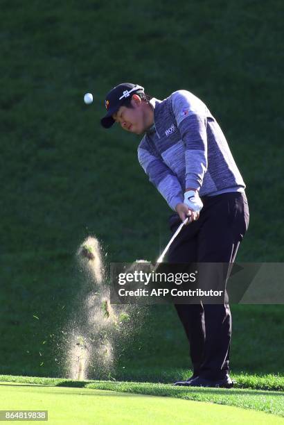 An Byeong-Hun of South Korea plays his second shot on the 1st hole during the final round of the CJ Cup at Nine Bridges in Jeju Island on October 22,...