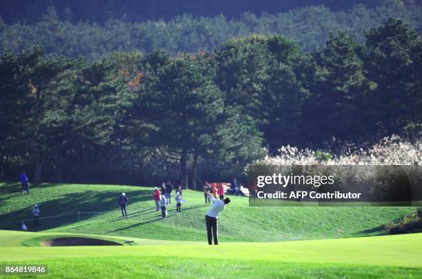 Thomas Pieters of Belgium plays his second shot on the 3rd hole during the final round of the CJ Cup at Nine Bridges in Jeju Island on October 22,...