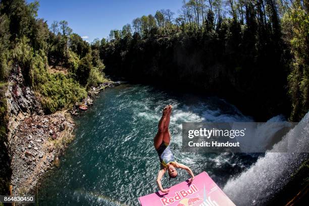 In this handout image provided by Red Bull, Anna Bader of Germany dives from the 21 metre platform during the sixth and final stop of the Red Bull...