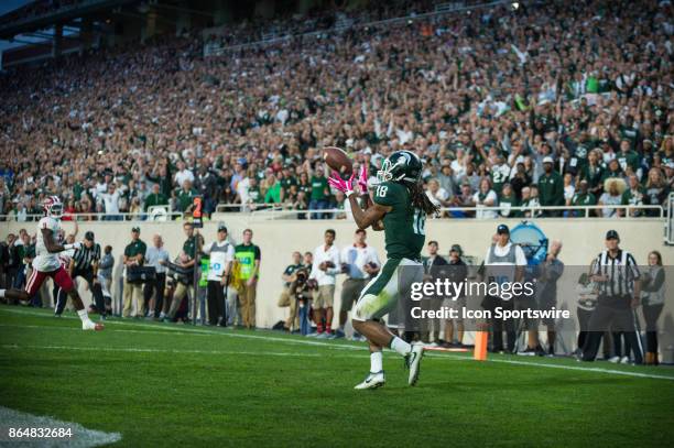 Spartans wide receiver Felton Davis III hauls in a 4th quarter touchdown reception during a Big Ten Conference NCAA football game between Michigan...