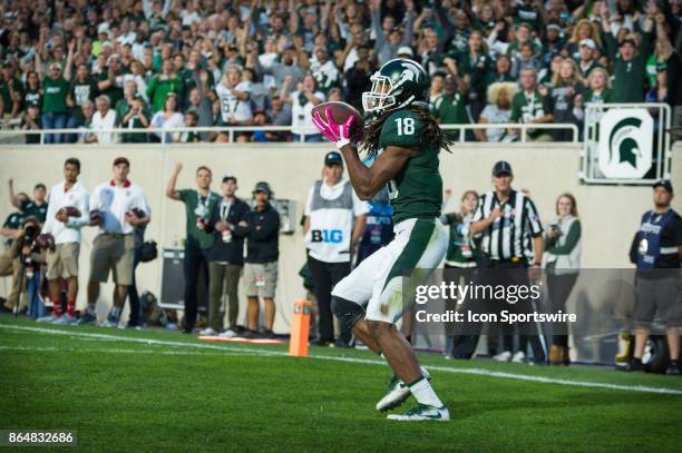 Spartans wide receiver Felton Davis III hauls in a 4th quarter touchdown reception during a Big Ten Conference NCAA football game between Michigan...