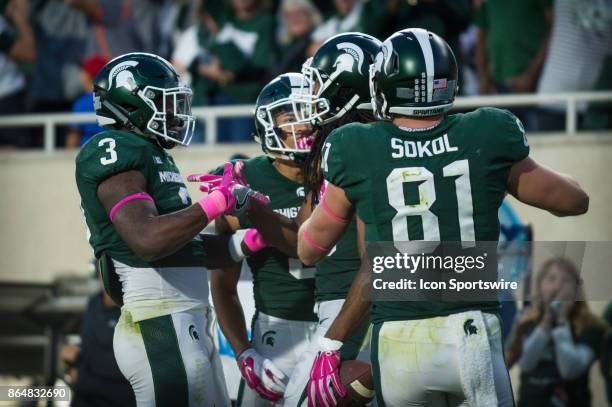 The Spartans celebrate wide receiver Felton Davis III's touchdown during a Big Ten Conference NCAA football game between Michigan State and Indiana...