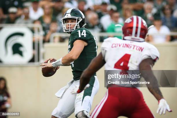 Spartans quarterback Brian Lewerke unloads a pass during a Big Ten Conference NCAA football game between Michigan State and Indiana on October 21 at...