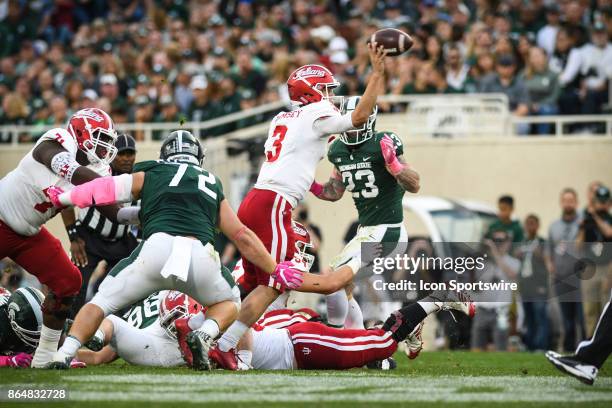 Hoosiers quarterback Peyton Ramsey flings a pass during a Big Ten Conference NCAA football game between Michigan State and Indiana on October 21 at...