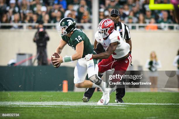 Hoosiers linebacker Chris Covington sacks Spartans quarterback Brian Lewerke during a Big Ten Conference NCAA football game between Michigan State...