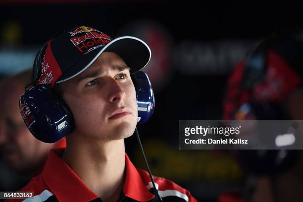 Matthew Campbell driver of the Red Bull Holden Racing Team Holden Commodore VF during the top ten shoot out for race 22 for the Gold Coast 600, which...