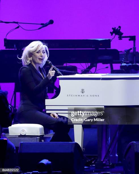 Lady Gaga performs on stage during the soundcheck for the "Deep From The Heart: One America Appeal Concert" at Reed Arena on October 21, 2017 in...