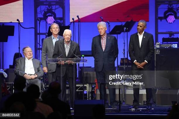 Former United States Presidents George H.W. Bush, George W. Bush, Jimmy Carter, Bill Clinton and Barack Obama address the audience during the "Deep...