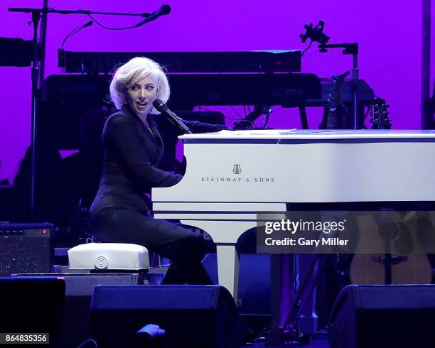 Lady Gaga performs on stage during the soundcheck for the "Deep From The Heart: One America Appeal Concert" at Reed Arena on October 21, 2017 in...