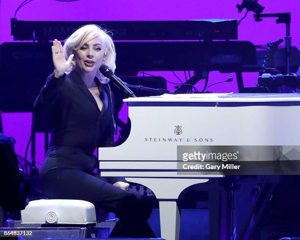 Lady Gaga performs on stage during the soundcheck for the "Deep From The Heart: One America Appeal Concert" at Reed Arena on October 21, 2017 in...
