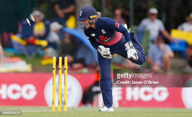 England's Sarah Taylor celebrates after running out Australia's Elyse Villani during the Women's One Day International between Australia and England...