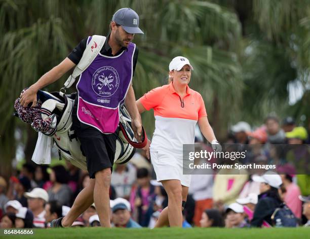 Cristie Kerr of the United States walks towards the first fairway during day four of Swinging Skirts LPGA Taiwan Championship on October 22, 2017 in...