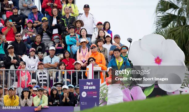 Cristie Kerr of the United States tees off on the first hole during day four of Swinging Skirts LPGA Taiwan Championship on October 22, 2017 in...