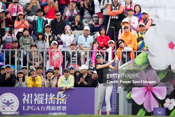 Madelene Sagstrom of Sweden tees off on the first hole during day four of Swinging Skirts LPGA Taiwan Championship on October 22, 2017 in Taipei,...