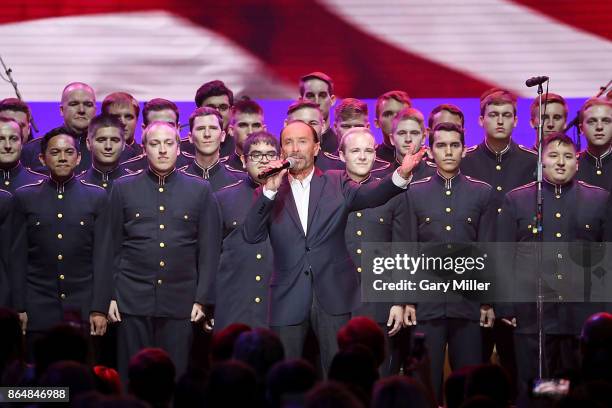 Lee Greenwood performs in concert during the "Deep From The Heart: One America Appeal Concert" at Reed Arena on October 21, 2017 in College Station,...