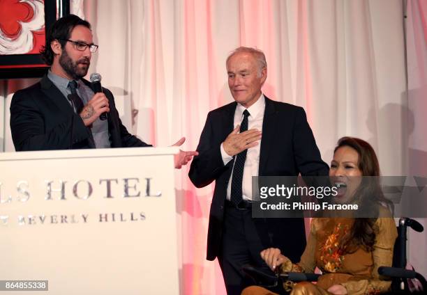 Andrew Plotkin, David Richard and Angela Rockwood speak at Jane Seymour And The 2017 Open Hearts Gala at SLS Hotel on October 21, 2017 in Beverly...