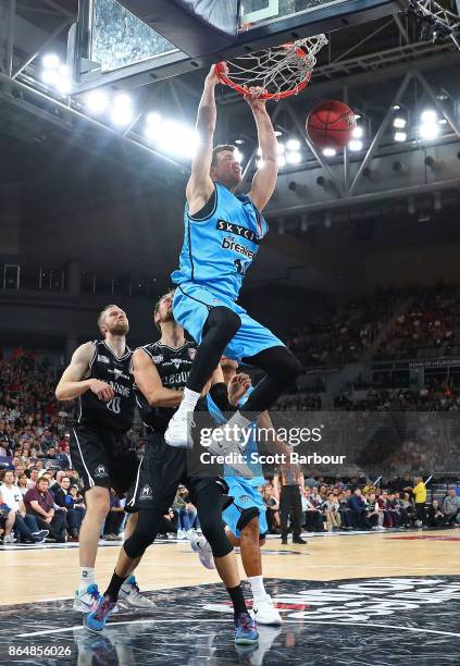 Tom Abercrombie of the Breakers dunks the ball during the round three NBL match between Melbourne United and the New Zealand Breakers at Hisense...