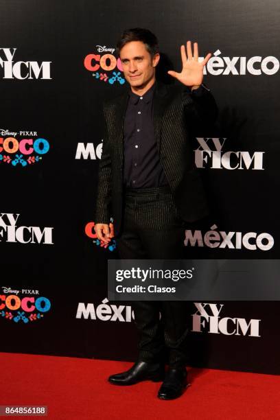 Gael Garcia Bernal poses during the red carpet of the new animated film by Pixar "Coco" as part of the XV Morelia International Film Festival on...