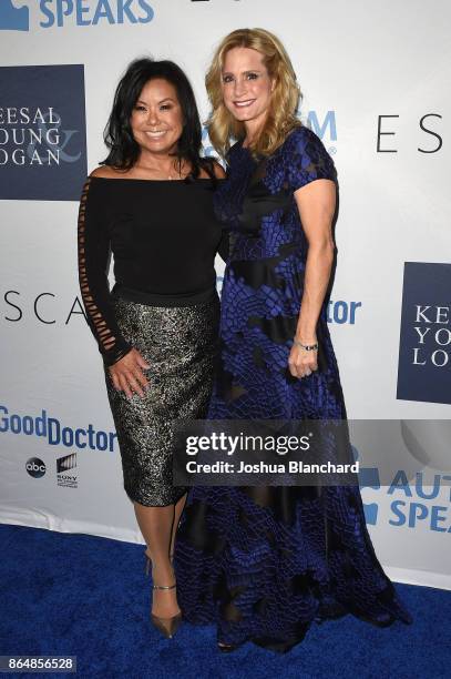 Priscilla Aoki Picard and Nikki Pesusich arrive at Autism Speaks, Into the Blue Gala on October 21, 2017 in Los Angeles, California.