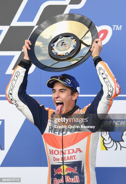 Marc Marquez of Spain who rode the REPSOL HONDA TEAM Honda celebrates winning the 2017 MotoGP of Australia at Phillip Island Grand Prix Circuit on...